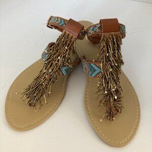 Beaded Sandals with Ankle Strap - Teal and Bronze Size 9